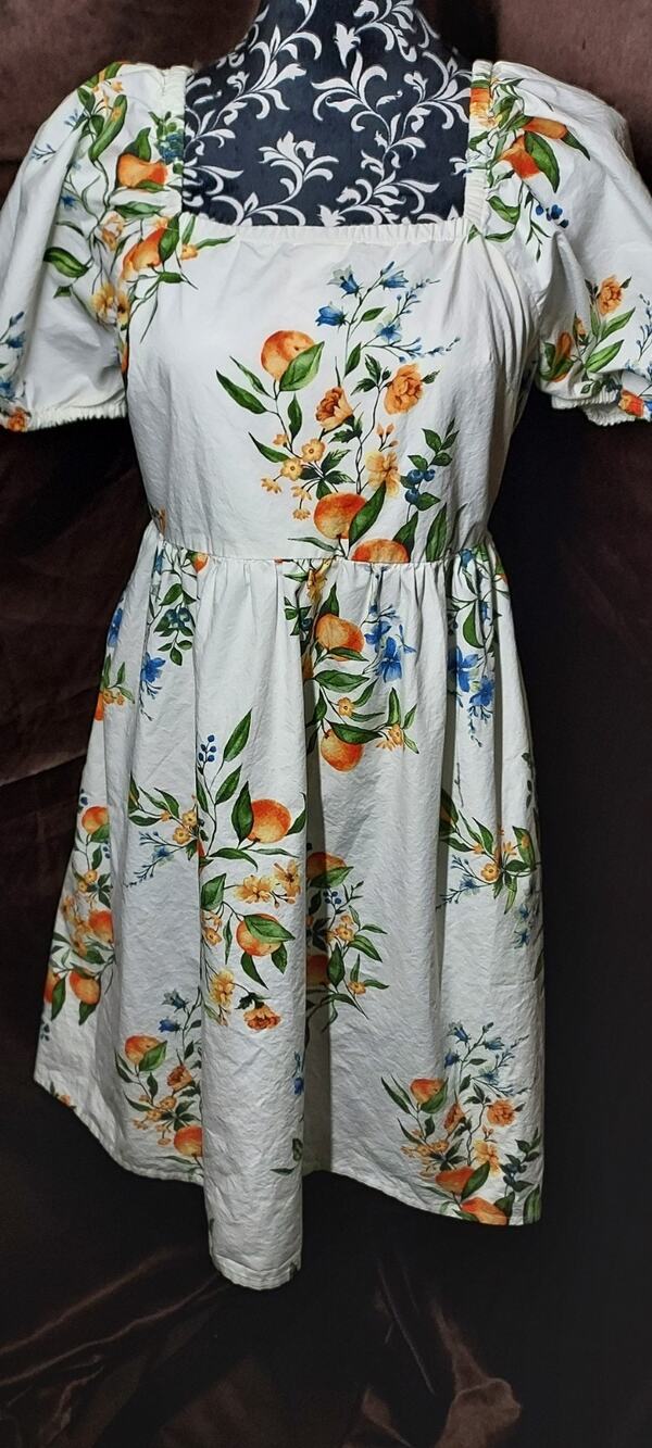 Time and Tru Puff Sleeve Mini Dress M Citrus Fruit Floral European Cottagecore